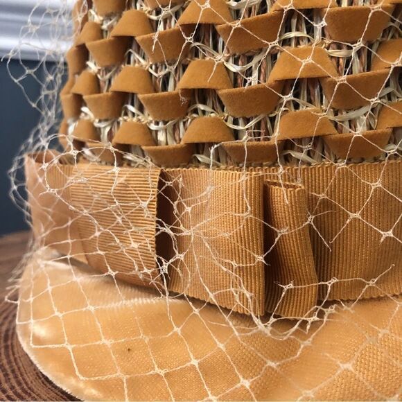 Vintage Mustard Yellow Velvet bucket Style Hat with Netting - Picture 3 of 12
